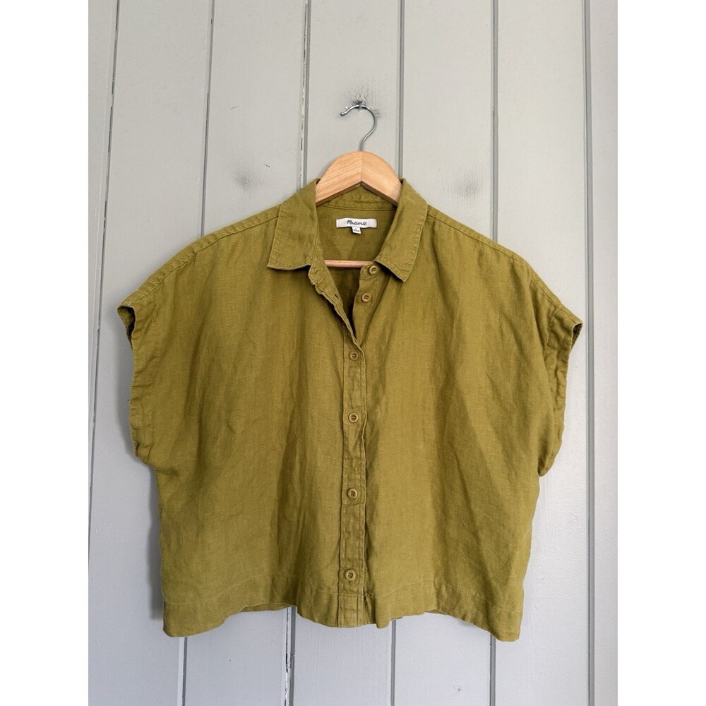 Madewell Top L Large 100% Linen Dolman Shirt Citrus Lime Cropped Green NL025
